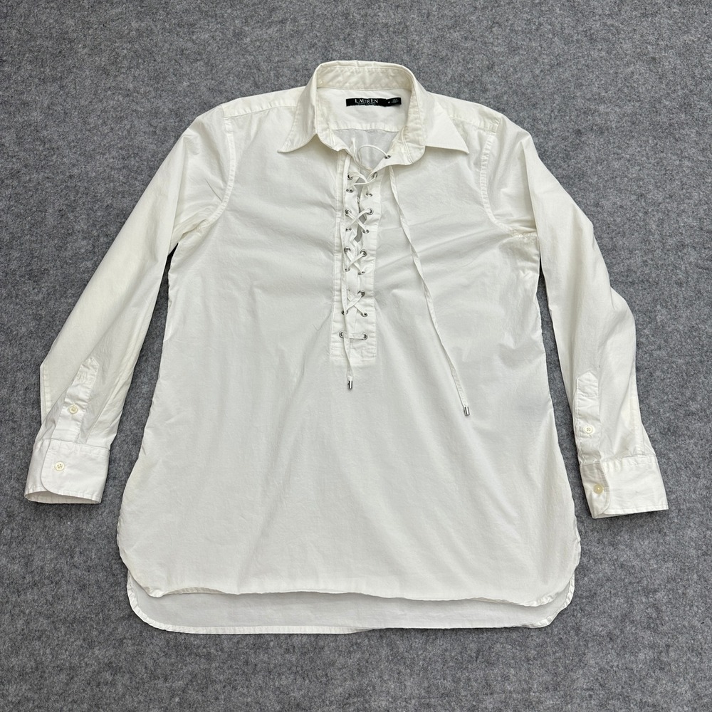 Lauren Ralph Lauren Womens Lace Up Tunic Top Off White Cotton Blouse Medium